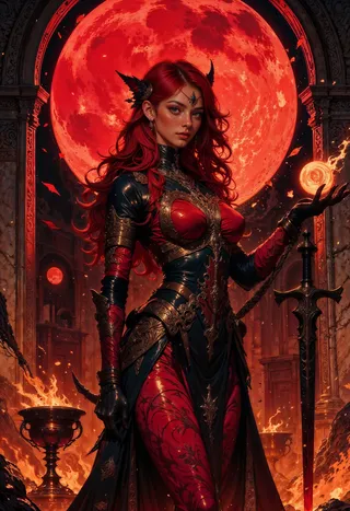 Eine Blutmondpriesterin mit wallendem rotem Haar und filigraner dunkler Rüstung steht vor einem alten Steinaltar und hält unter einem großen roten Mond eine leuchtende magische Kugel.