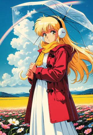 Blonde girl wearing a red coat and yellow scarf holding a transparent umbrella in a colorful flower field under a blue sky with a rainbow.
