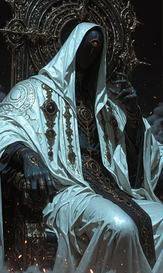 A dark, hooded figure with a single third eye on its face, adorned in an ornate white cloak decorated with gold jewelry, sitting on an intricate golden throne.