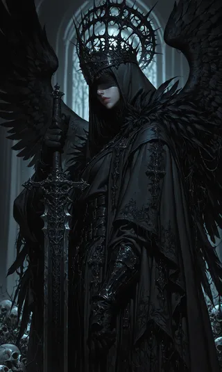 A dark angelic figure with black feathered wings and a blindfold, wearing a gothic crown and ornate black armor, holding an intricately designed sword.