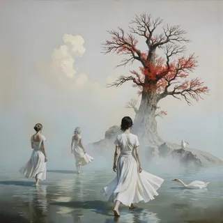 Three white-robed women walking on a calm, white-toned ocean towards a giant Yggdrasill tree with red leaves, surrounded by fog, with swans nearby