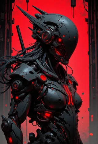 Closeup portrait of female cyberpunk samurai android with black and neon red armor, detailed helmet with mirrored visor and katana on back against red background