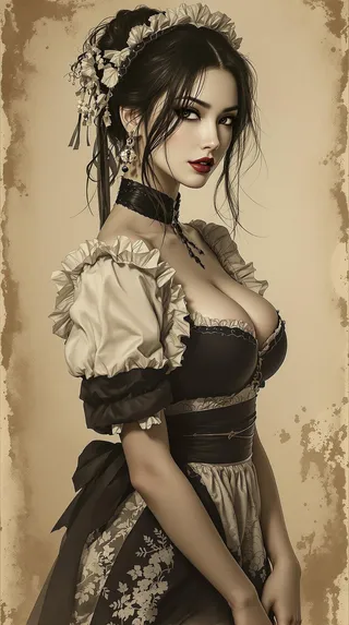 Photographic ink art of an oriental woman wearing a sexy maid outfit with loose disheveled hair and detailed fabric, set against a sepia-toned abstract background.