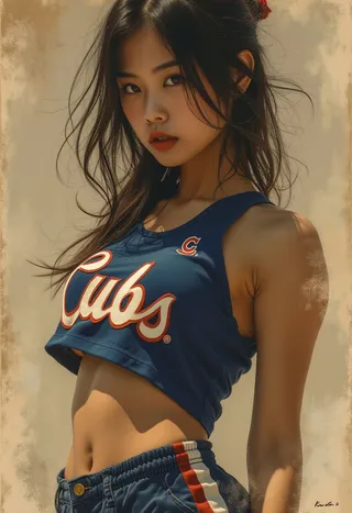 Portrait of a young oriental cheerleader wearing a Cubs crop top with loose disheveled hair and a sepia-tinged abstract background.