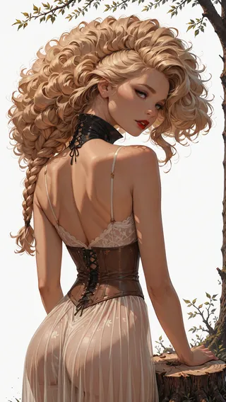 Blonde woman with voluminous big hair styled in a long braid, wearing a see-through dress and a dark corset, looking back over her shoulder against a simple white background with tree stump beside her.