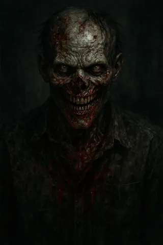 A brutal zombie with a bloody face and an evil grin, set in a dark and gloomy atmosphere.