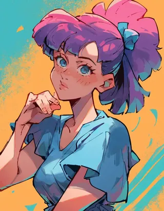 Anime style digital portrait of Wilma Flintstone with vibrant purple hair tied with a blue ribbon, wearing a blue dress, set against a colorful orange and teal background.
