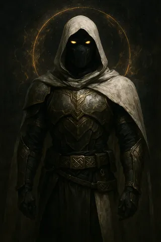 A mysterious armored figure wearing intricate golden armor and a white hooded cloak with a black face mask and glowing yellow eyes, set against a dark cosmic background with swirling golden energy and a halo-like circle.