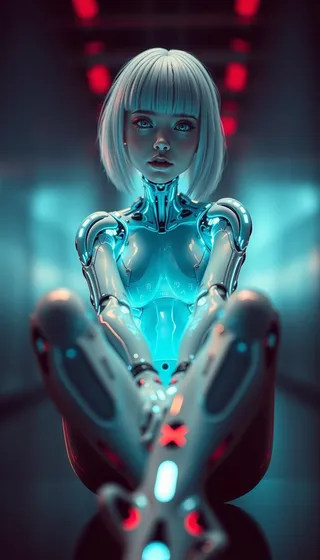 A futuristic cyborg girl with luminous neon white hair and bangs, sitting with crossed legs, featuring a white ceramic body and mechanical limbs under dim, cinematic lighting.
