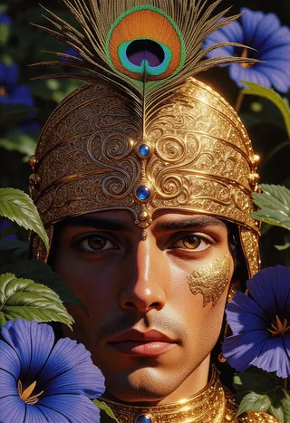 Close-up of an Indian prince wearing a golden crown adorned with a vibrant peacock feather, surrounded by blue morning glory flowers and leaves.