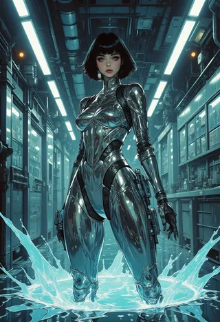 A full-body female character in a reflective chrome bodysuit standing waist-deep in splashing liquid metal in a futuristic cyberpunk corridor with neon lighting.