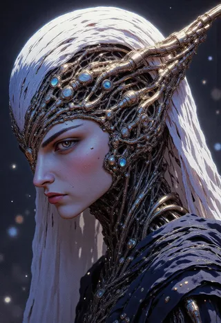 A hyper-realistic portrait of a woman with silver-white hair, wearing an intricate metallic silver headdress adorned with glowing blue gemstones, dressed in a navy cloak with celestial embroidery.