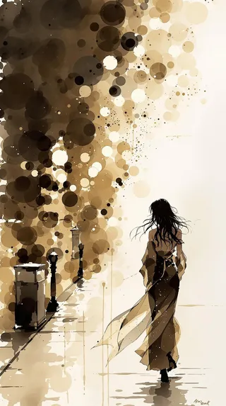 Silhouette art of a Japanese woman with long flowing hair walking down a city street at night, depicted in sepia watercolor ink wash with bokeh and chiaroscuro effects.