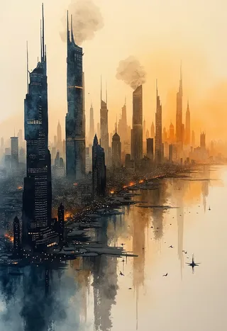 A cityscape rendered with ink splashes and translucent watercolor washes on delicate paper, showing ultramodern skyscrapers in sepia and burnt tones blending with abstract smoke-like architectural lines.