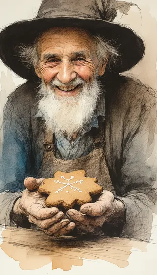 Ink art watercolour of an elderly man with a white beard and wide smile, wearing a hat, holding a star-shaped gingerbread cookie decorated with white icing.