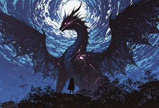 A giant dragon with glowing eyes silhouetted against an epic swirling cloud sky, with a solitary girl standing in the foreground below.