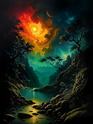 A traditional oil painting of a dense alien jungle valley under a colorful dark night sky featuring a fiery vortex and crescent moon, with reflective river and twisted trees