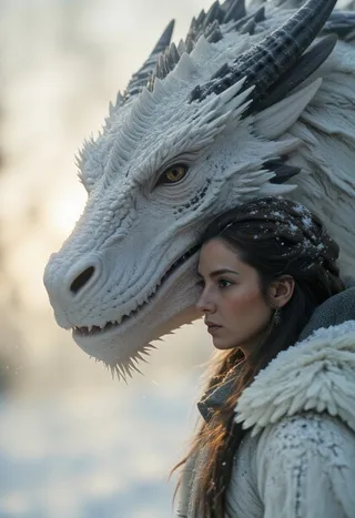 A majestic white dragon with cracked porcelain-like scales and amber eyes rests its head near a serious woman wearing winter clothing with snow in her hair, in a serene snowy setting.