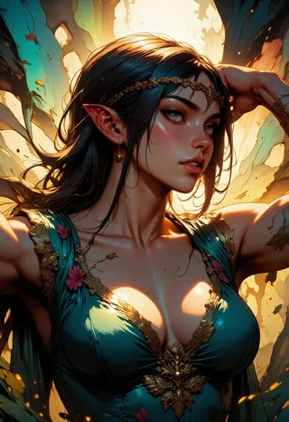 Close-up portrait of a voluptuous forest elf nymph wearing emerald silk with golden circlet and translucent wings, glowing softly in a mystical forest background.