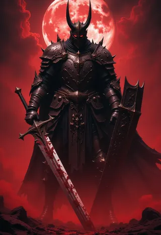 A towering demonic knight clad in jagged obsidian plate armor with glowing crimson eyes stands menacingly before a large blood-red moon, holding a blood-streaked longsword and a battered shield, set against a dark hellscape.