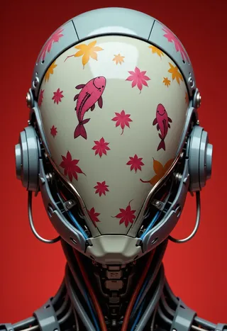 Close-up of an android head with a smooth porcelain-like surface decorated with pink and orange floral motifs and koi fish, against a red background.