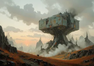 A moody sci-fi mountain landscape with cubistic buildings, mist rising around structures, a pastel red sun setting behind clouds, and a grassy meadow in the foreground.