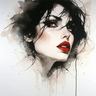 Close-up ink and watercolour portrait of a woman with expressive eyes, muted crimson lips, and a smudged charcoal background.