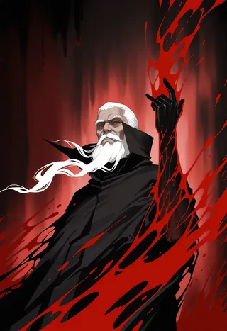 A close-up of an old male sorcerer with white hair and beard, red eyes, wearing black rags, performing blood magic with a black arm surrounded by levitating red blood.