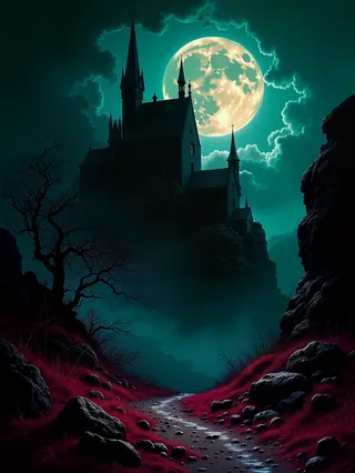 Dark gothic castle silhouetted against a glowing full moon with swirling teal clouds, set in a mystical night landscape with a rocky path and twisted tree.