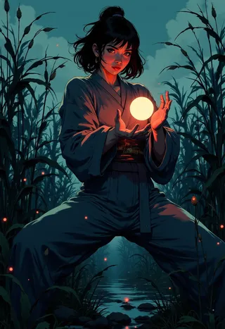 A woman in a traditional Japanese kimono stands in a powerful Wing Chun stance amidst a dark reed-filled landscape, holding a glowing magic ball between her hands under a moody sky.