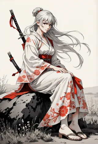 A female samurai with flowing silver hair sits on a grey rock wearing a white kimono adorned with red floral embroidery, holding a katana with traditional geta sandals.