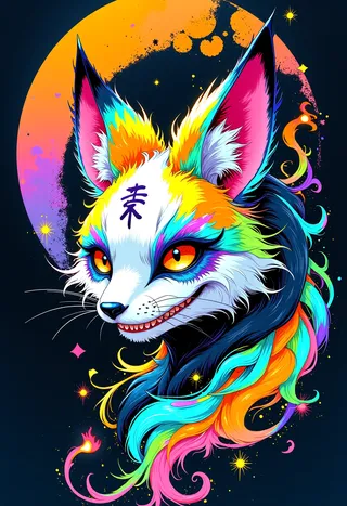A colorful kitsune head with vibrant rainbow-colored fur and glowing spirit kanji on its forehead, set against a dark background with a bright glowing moon and swirling colorful flames.
