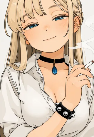 Close-up portrait of a blonde girl with very long braided hair, blue eyes, wearing a collared white shirt with open collar, pendant choker with blue gem, spiked bracelet, holding a cigarette with smoke trail, smiling with half-closed eyes.
