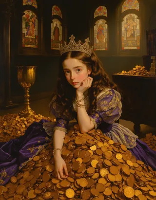A young princess in elaborate purple and gold royal attire with a jeweled crown, sitting pensively among piles of gold coins in a dimly lit treasury with stained glass windows.