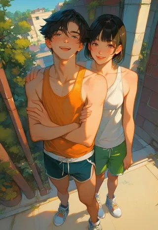 A happy young couple outdoors in sportswear, with the boy taking a selfie while the girl stands close behind him, both smiling under warm sunlight.