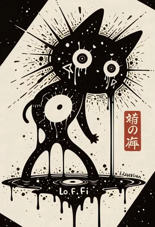 Black cat dripping with paint in ink art style with lo-fi aesthetics and surreal abstract elements