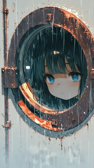 Girl with black hair and blue eyes looking outside through a rusty metal porthole window with rain falling and fog in the background