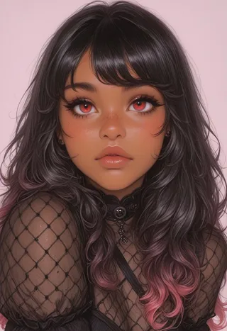 Portrait of a dark-skinned female with gradient red-black curly hair, red eyes, freckles, and gothic clothing against a soft pastel background