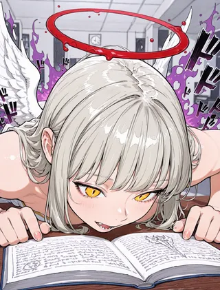 Detailed illustration of an angel with grey hair, one wing, and a red halo, displaying a menacing aura while leaning over a book with yellow eyes and sharp fangs.