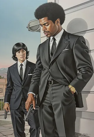 Detailed colored pencil drawing of Jules Winnfield and Vincent Vega from Pulp Fiction, wearing black suits holding pistols under a pastel blue sky.