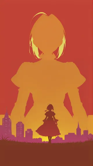Silhouette of Nero Claudius standing against an orange city skyline with a larger double exposure silhouette behind her