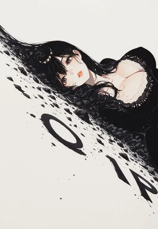 Detailed illustration of a girl with long black hair and a curvy figure, rendered in an artistic chalk and coal style with dynamic composition.