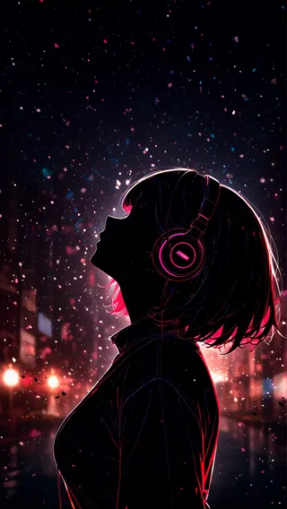 Silhouette of a girl wearing headphones, looking upward against a dark, blurry night city background with glitch and neon light effects.