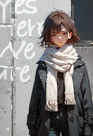 Portrait of a young girl with short brown hair wearing a white scarf and black coat standing outdoors on a street during daytime.