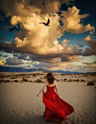 A woman in a flowing red strapless dress runs across a sandy desert with distant mountains, under a dramatic sky filled with large fluffy golden clouds and a flying bird.