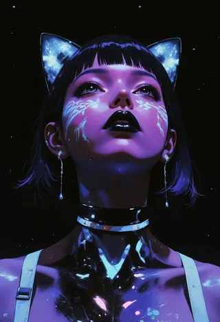 Close-up futuristic portrait of a person with neon purple skin and glowing blue tribal patterns, black lipstick, and cat ears against a black background.