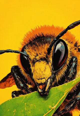 Close-up high-resolution image of a honeybee's face showing detailed golden-brown fur, large dark compound eyes, antennae, and proboscis against a vibrant yellow background while grasping a green leaf.