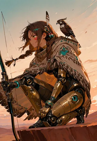 Side profile of a Native American-inspired android girl, kneeling on a cliff with a hunting bow, wearing a patterned tribal cloak, braided hair, traditional face paint, and a mechanical hawk on her shoulder at sunset.