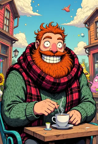 A tall, burly man with a bright red beard and wide grin, wearing a tartan scarf and green knitted sweater, sits at a wooden outdoor cafe table stirring a steaming cup of tea in a vibrant graphic novel style scene with whimsical decor.