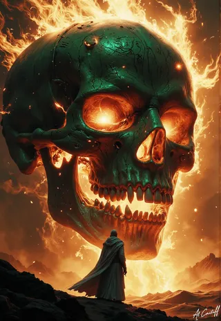 A colossal greenish skull engulfed in fiery flames with glowing eyes looms above a cloaked figure standing on rocky terrain under an amber sky.
